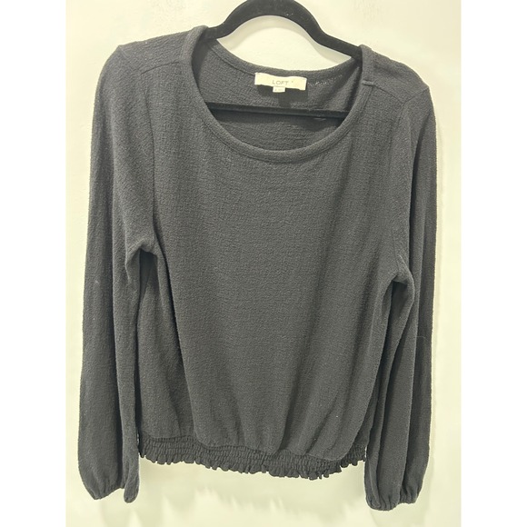 LOFT Tops - LOFT Womens Medium Black Textured Cotton Smocked Hem Long Sleeve Top